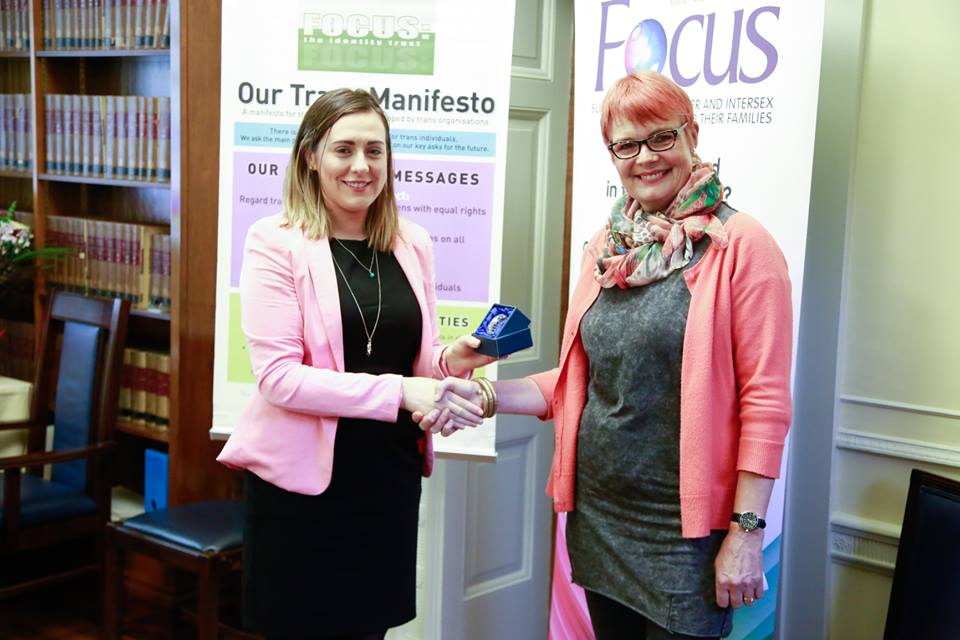 Stephanie Mitchell accepts Focus Transgender Champion award 2016 from Junior Minister Megan Fearon MLA